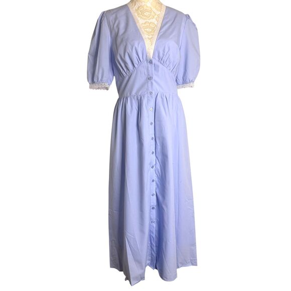 Rihoas Dresses & Skirts - Rihoas Midi Dress Lace Trim Puff Sleeve V Neck Woven Blue S NWT